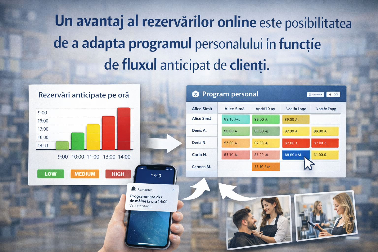 Un avantaj major al rezervărilor online este posibilitatea de a adapta programul personalului în funcție de fluxul anticipat de clienți