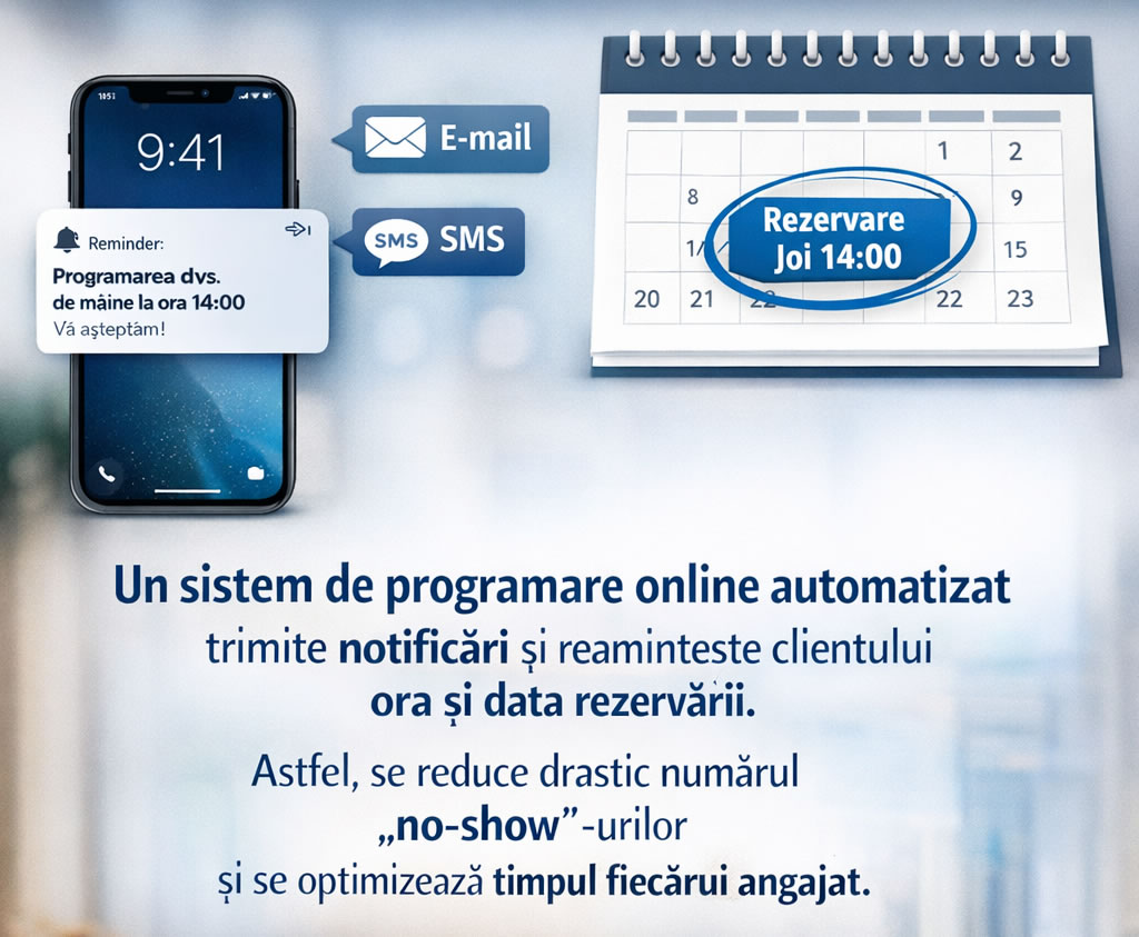 Un sistem de programare online automatizat (precum Amelia PRO) trimite notificări și reamintește clientului ora și data rezervării